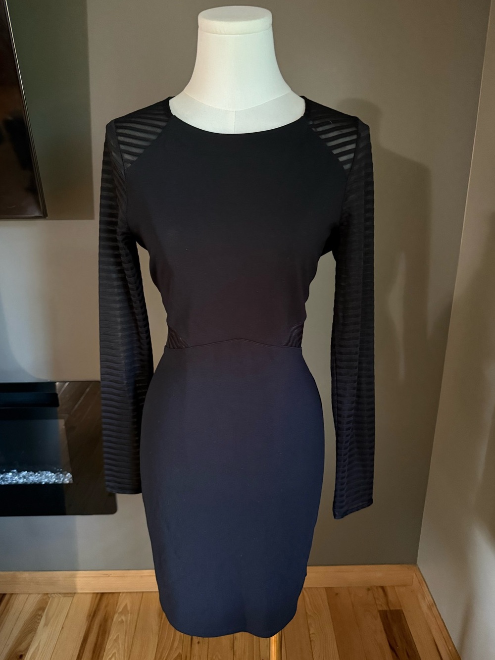 French Connection Black Long-Sleeve Dress with Sheer Stripe Sleeves Size 6